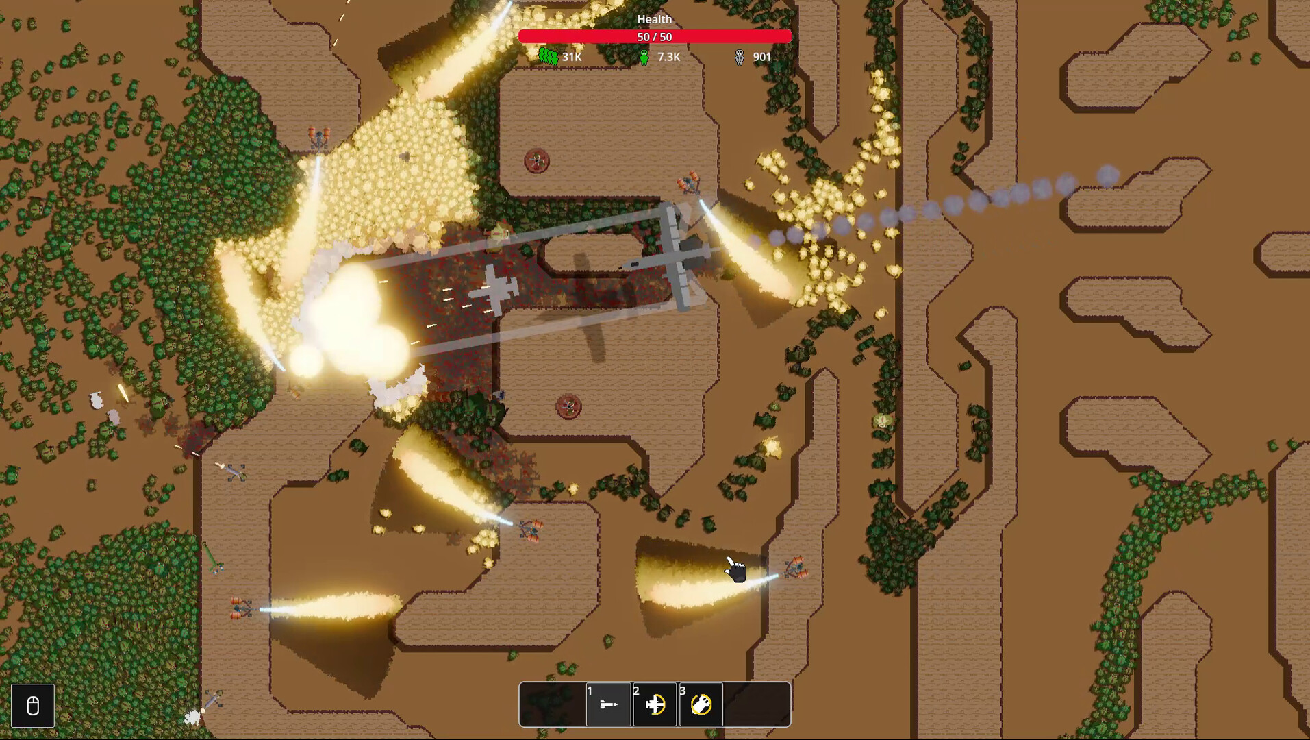 Official battle screenshot with planes, lasers, explosions, and a massive orc horde
