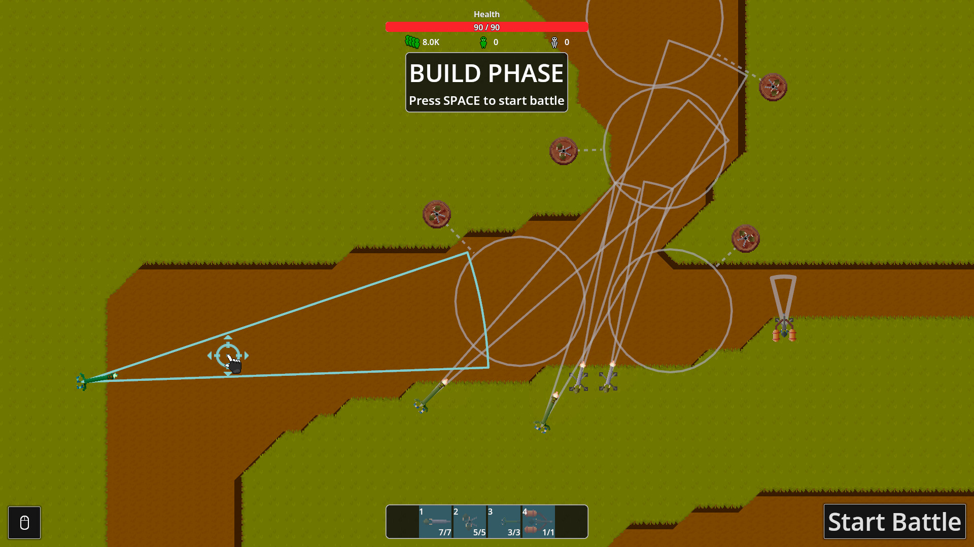 Official build-phase screenshot showing overlapping firing arcs on a winding path