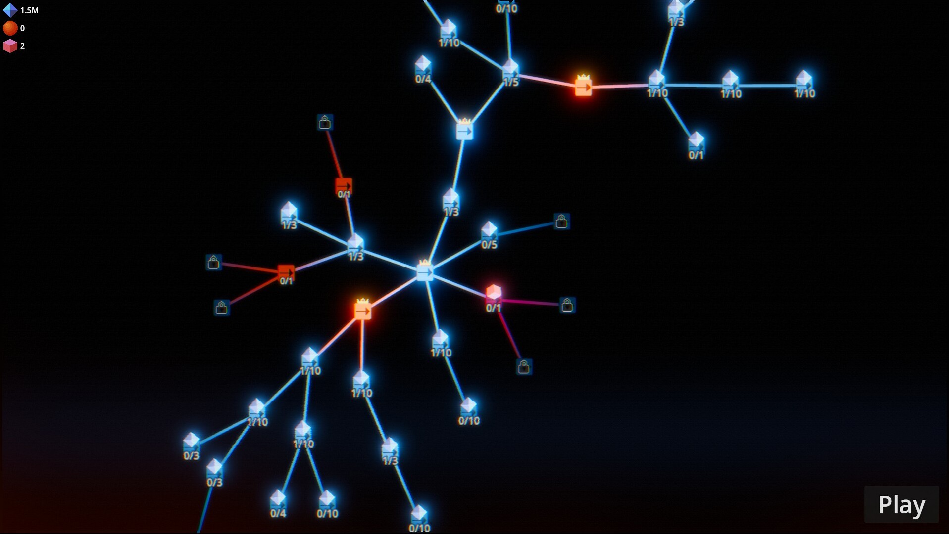 Official upgrade-tree screenshot with blue, orange, and pink branches on black